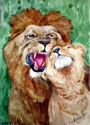 H.Schmidt Löwe*Mein Schatz*lion zoo afrika raubkatze tiger leon Aquarell 29x21,5