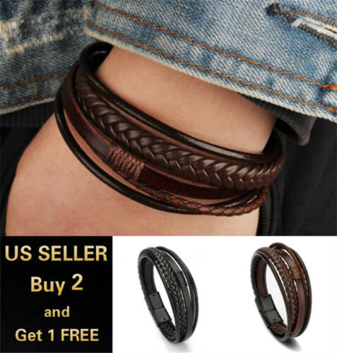 Men Jewelry Black Braided Leather Bracelet Multi-Layer Stainless Steel Clasp A - Afbeelding 1 van 8