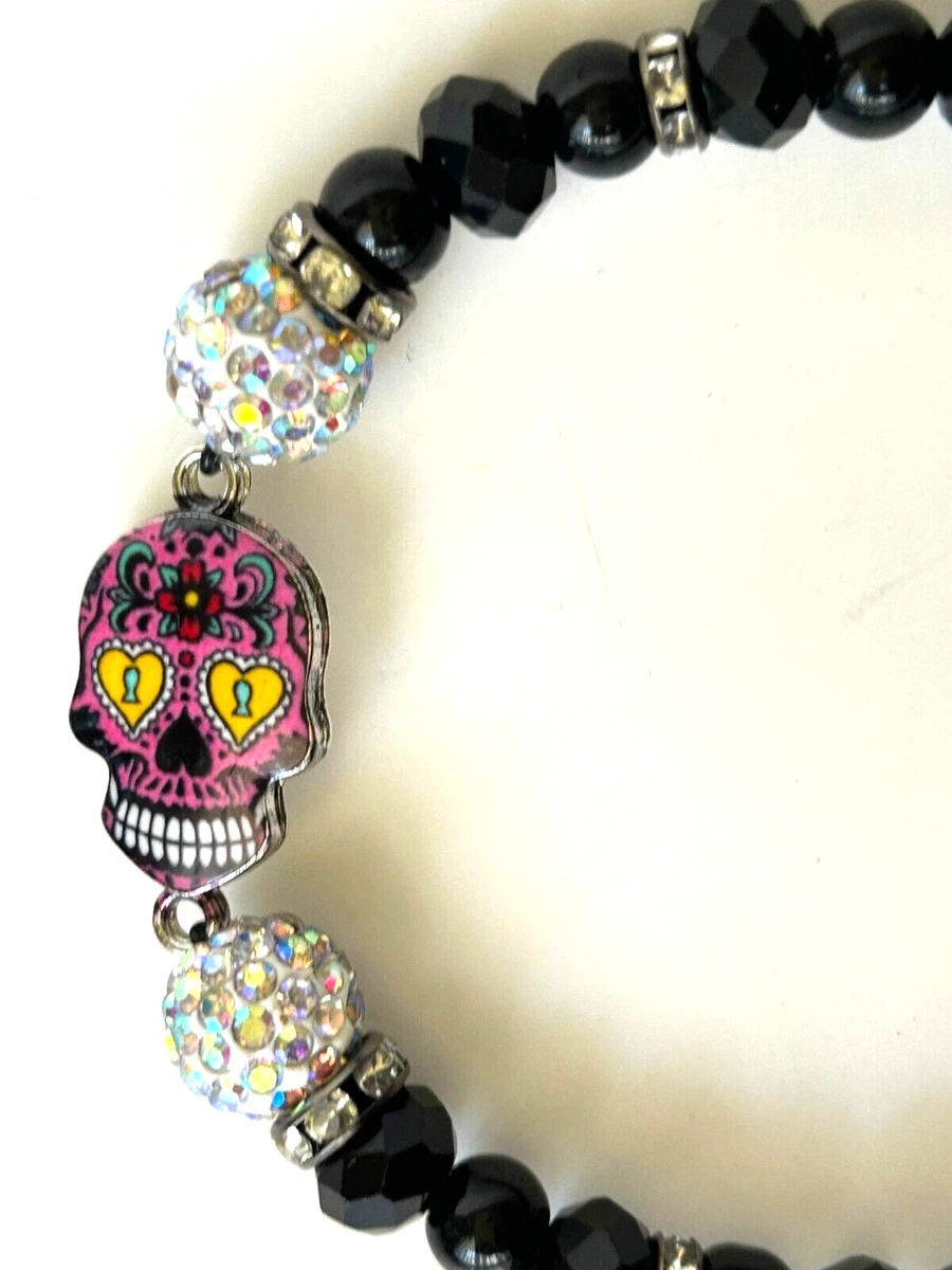 D a de los Muertos SUGAR SKULL Beaded STRETCH Bracelet Black pink