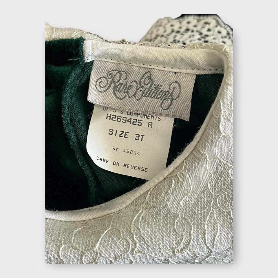 Rare Editions Vtg Dark Green Velvet Long Sleeve Girls Dress Size 3T Lace Trim - Image 3 of 4