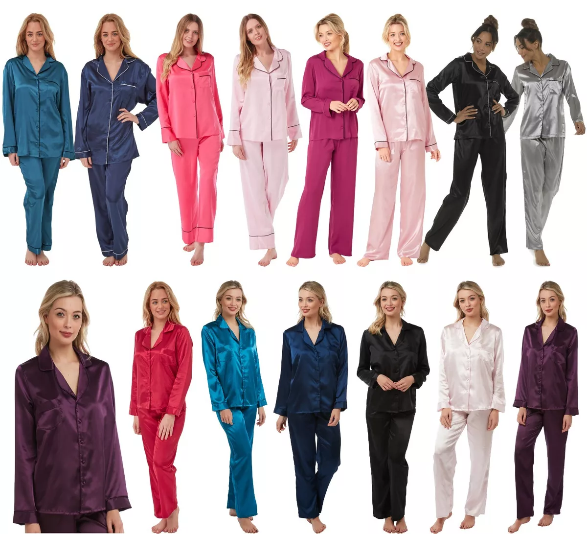 Ladies Plain Sexy Satin Silky PJs Pyjamas Full Length Long Sleeve