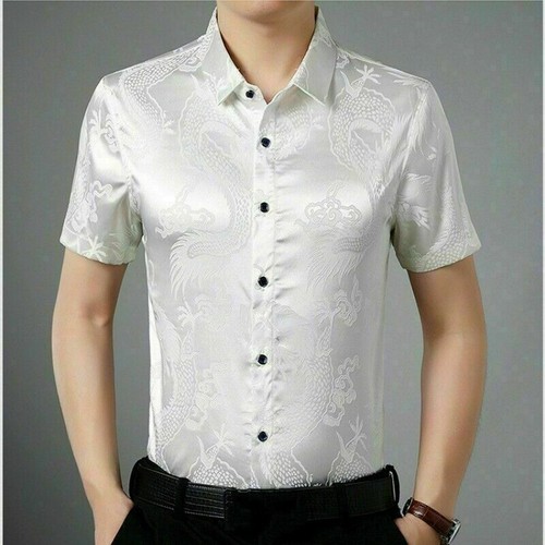 Men Faux Silk Blouse Satin Shirt Dragon Business Formal Short Sleeve Tops Casual - Picture 5 of 16