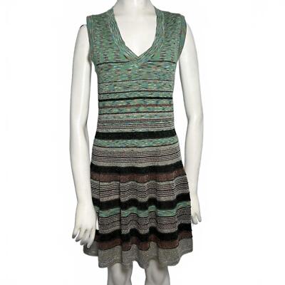 MISSONI Knit Stripe Green Brown Black Sparkle Glitter Lurex V Neck Dress |  eBay