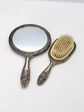 Vintage Silver Tone Mirror & Brush Vanity Set