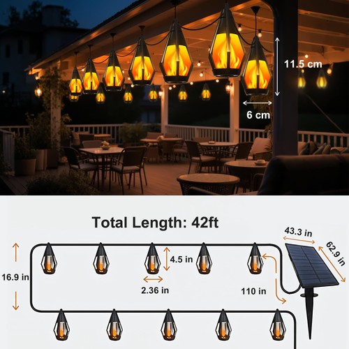 Guirnalda de luces solares para exteriores de patio de 42 pies con 15 bombillas - Picture 2 of 8