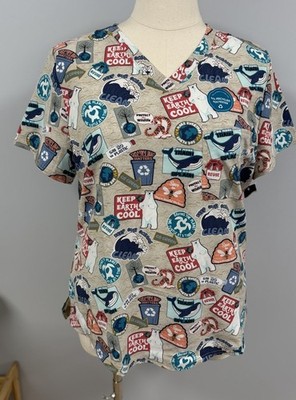 NWT Cherokee Care For The Cause Scrub Top M Beige Scrubs Polar Bear Bees Tiger