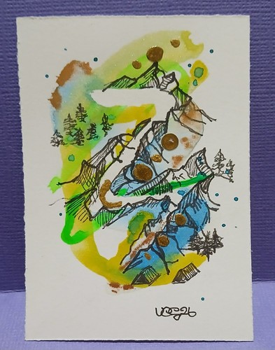 Alpine Mountain Dreamscape OOAK ACEO Original Watercolor & Ink Mountain Art