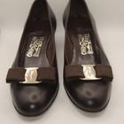 Salvatore Ferragamo Brown Leather Round Toe Pumps w/ Bow Logo, US 7.5B — photo 1