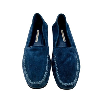 Manolo Blahnik Navy Blue Suede Whipstitch Moccasin Loafers Flats Women 39.5 US 9