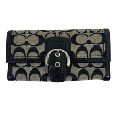 COACH Soho Signature Logo Canvas Envelope Wallet Buckle Snap Black Leather Trim