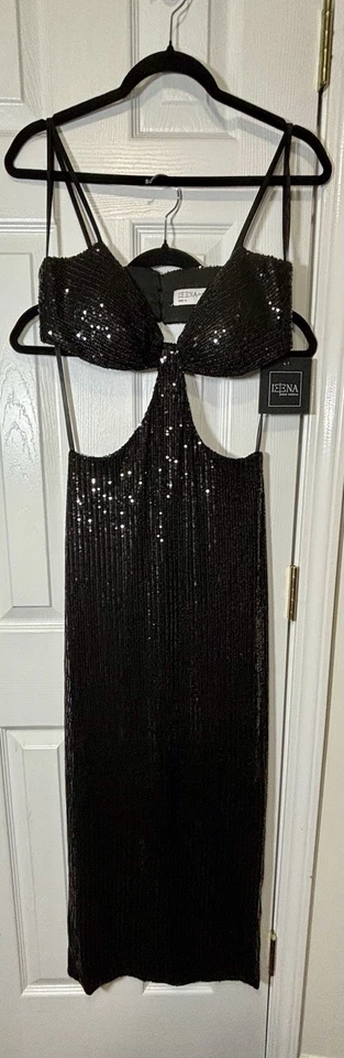 全新带标签 IEENA FOR MAC DUGGAL SZ 4 黑色合身亮片礼服,带侧边/中腰 #70130 — 第 2/4 张图片