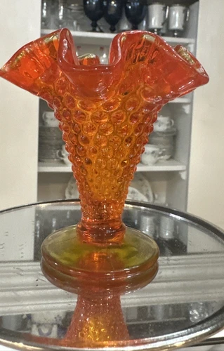 Fenton Amberina Hobnail 3" Vase Trumpet top Orange w/Yellow Trim SHIPS FREE