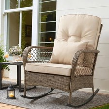 1PCS Outdoor Rattan Rocking Chairs for Balcony Poolside Garden Porch Beige