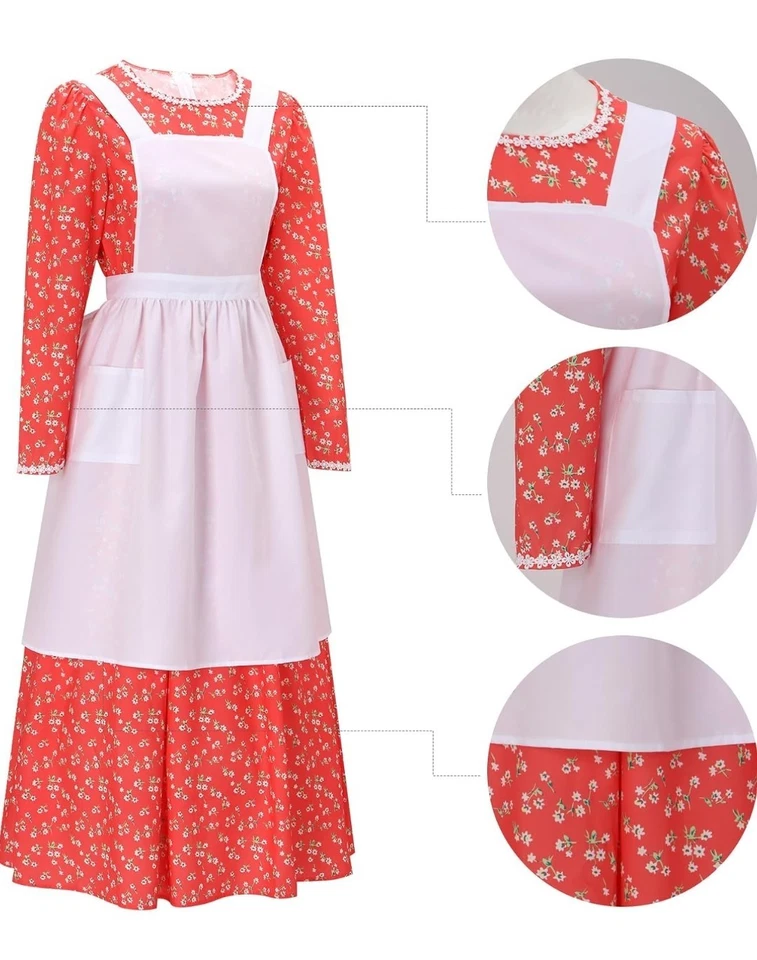 Women Pioneer Costume Floral Dress With Apron & Hat (Large) - Image 2 of 4