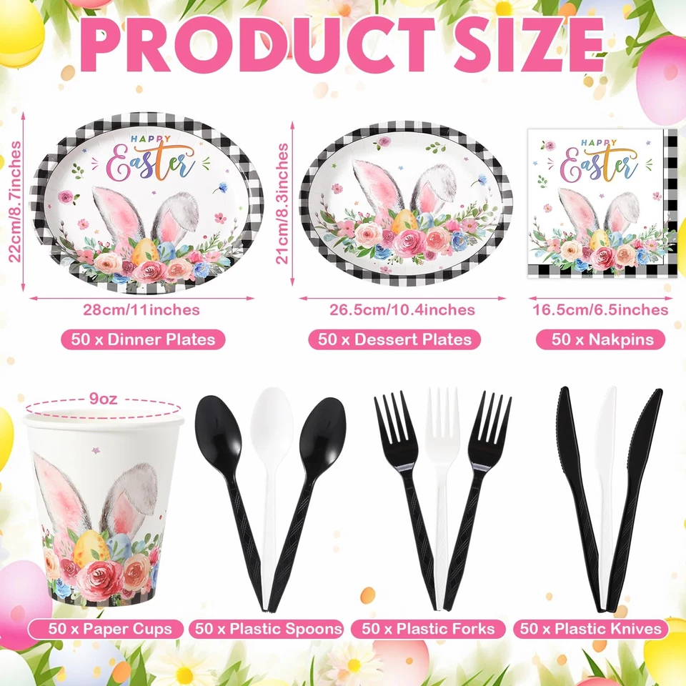 350 Pcs Easter Bunny Party Supplies Happy Easter Disposable Tableware Set Buf... - Image 2 of 4