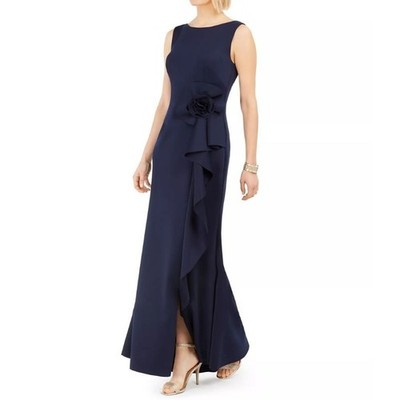 NWT Jessica Howard Women Navy Cascading Ruffle 3D Flower Evening Gown Petite 12P