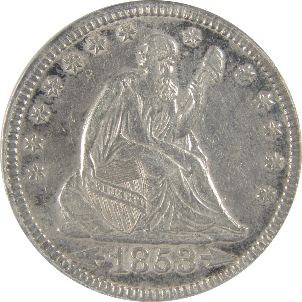 1853 Arrows Rays Seated Liberty Quarter AU 50 Details ANACS SKU:I20129 - Image 3 of 4