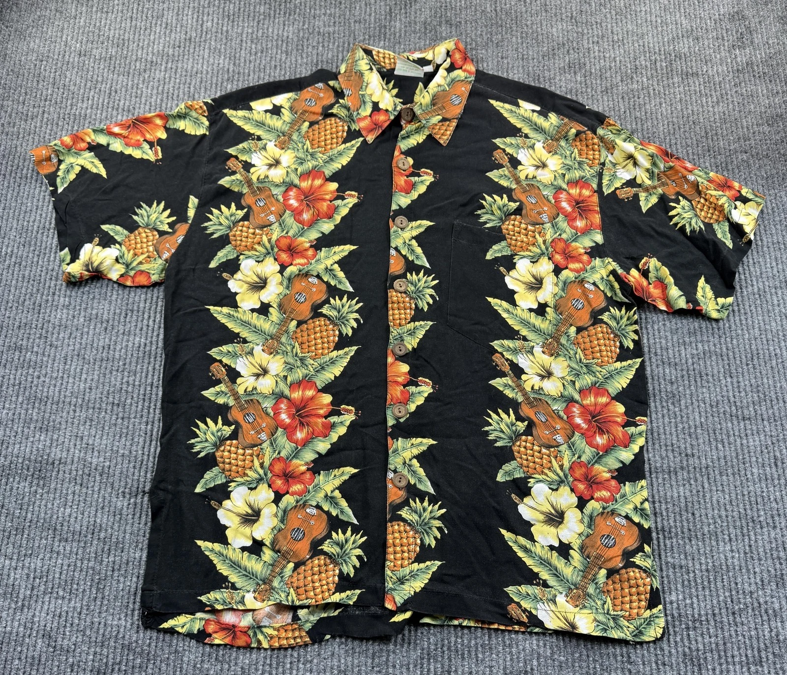 Pineapple Moon Shirt Mens Medium Black Hawaiian Ukulele Pineapple Floral Aloha