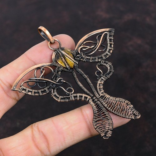 Carved Tiger's Eye Gemstone Art Deco Wire Wrapped Butterfly Wife Pendant Copper - Picture 4 of 6
