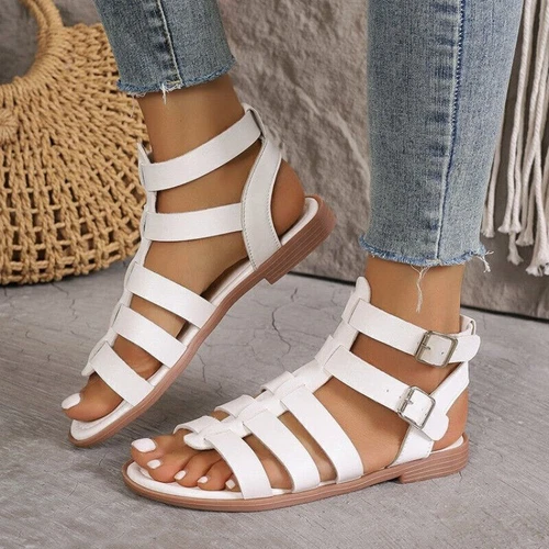 Women Casual Sandals Flats Heels Gladiator Holiday Zip Buckle Roman Walks Shoes - Picture 7 of 16