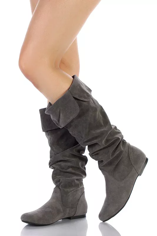 Grey suede knee shop high boots flat