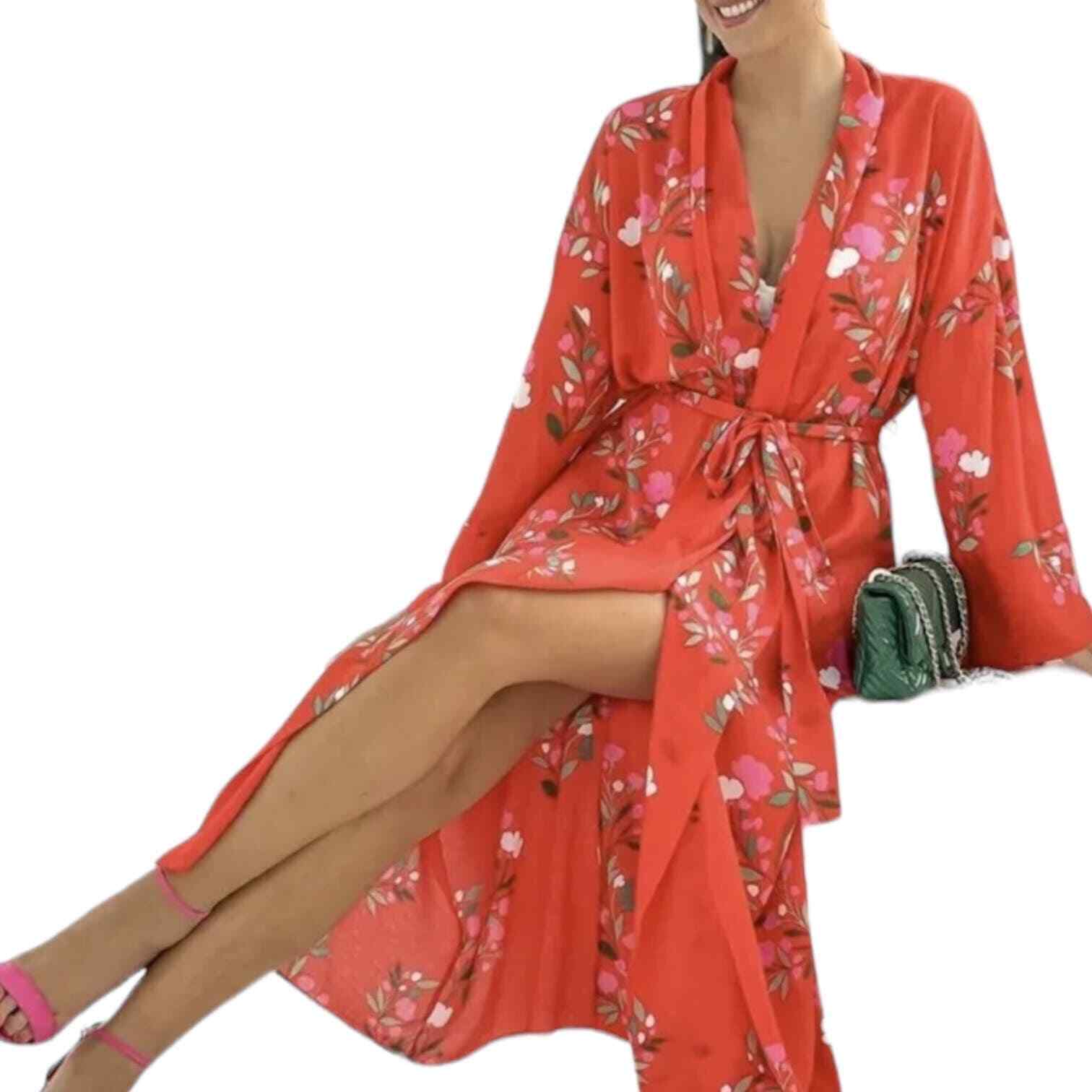 Zara red floral long kimono size medium - image 1