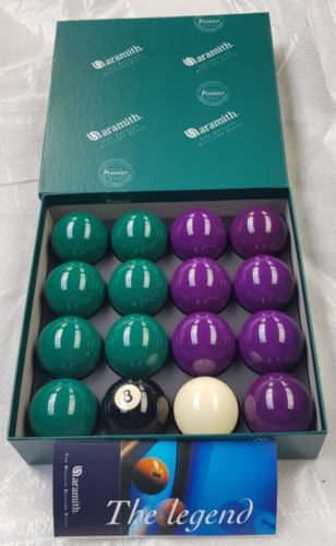 Aramith Premier 2" Green & Purple Pool table balls, with League 1 7/8" cue ball - Afbeelding 1 van 1