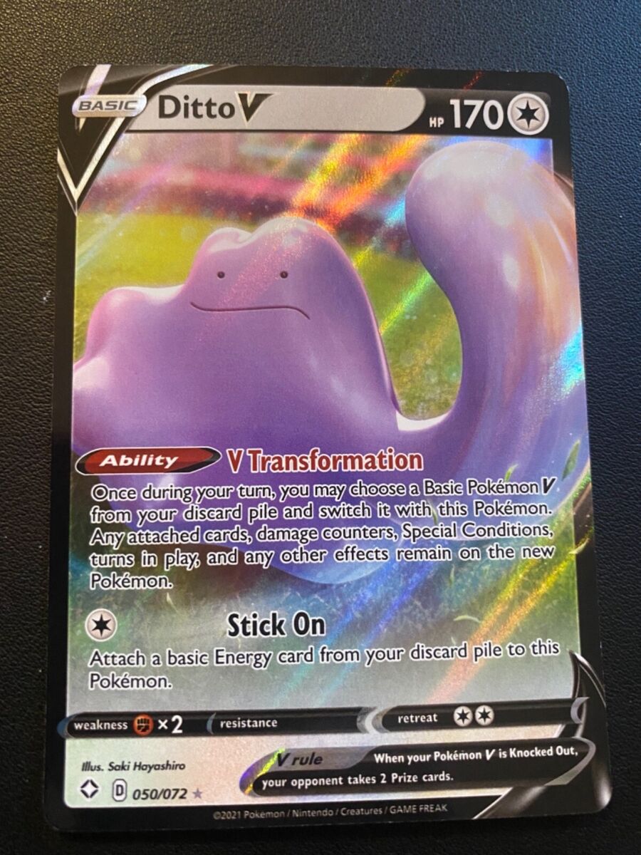 Foto de Hamburg, Germany - 06212021: frontside macro photo of the english  TCG pokemon shining fates card Ditto V (SHF 50) on white background. do  Stock