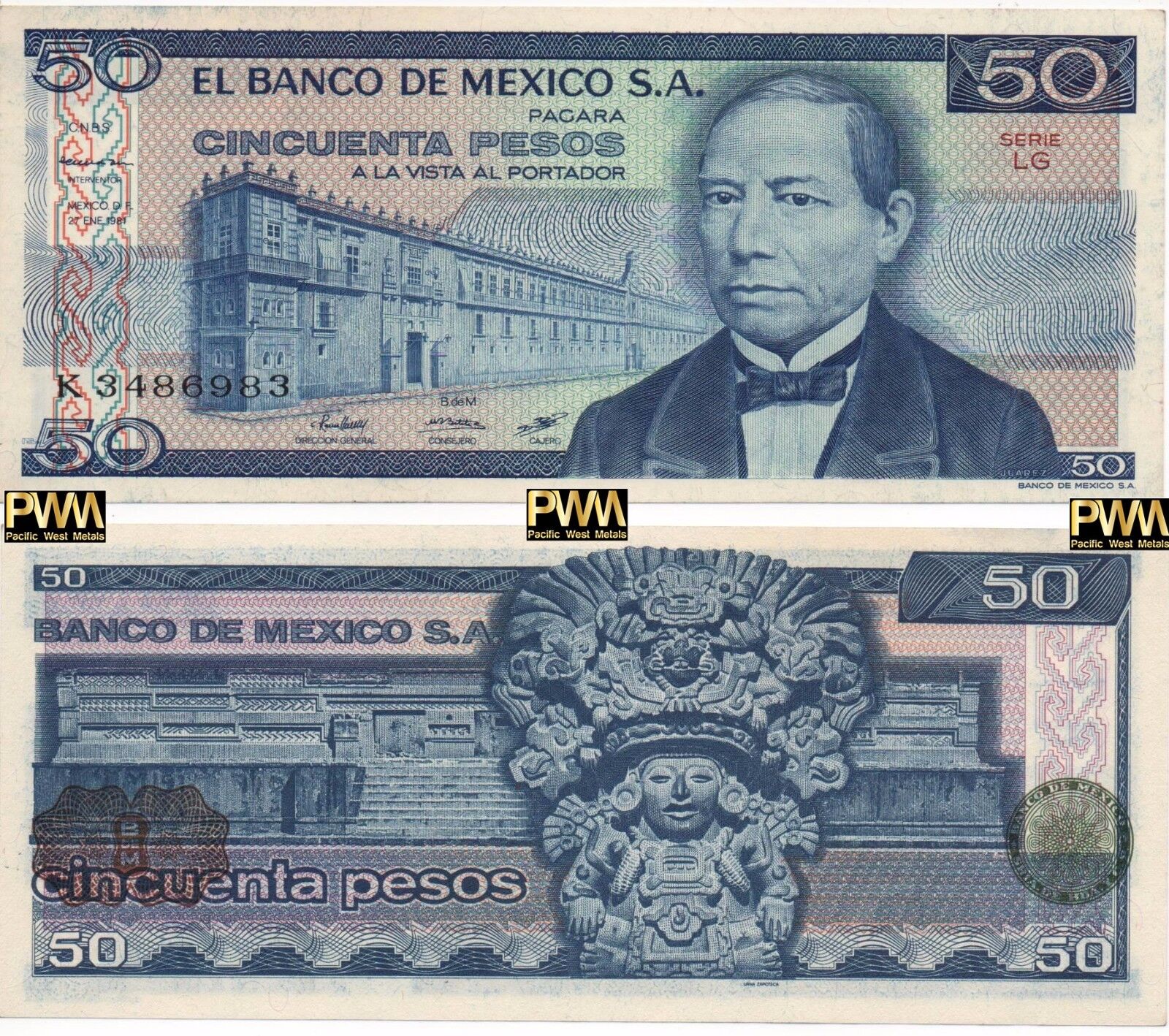 UNCIRCULATED MEXICO SET OF 4 BANKNOTES LOT 70'S 80'S 10 20 50 100 pesos UNC