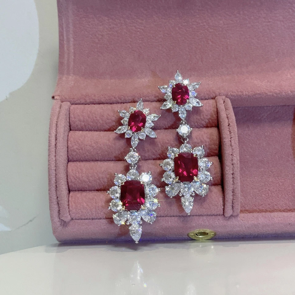 Nuevos aretes colgantes de plata con piedras preciosas de topacio blanco granate rojo de lujo para mujer Foto 4 de 4