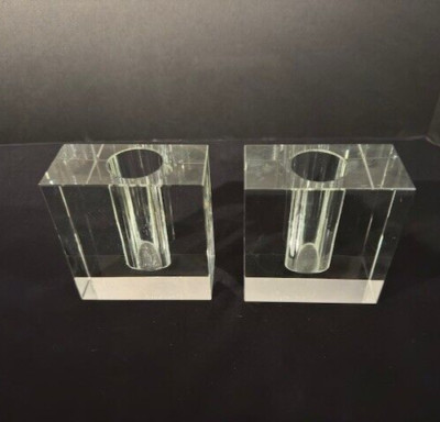 (2) Two Vintage MCM Tizo Design Bud Vase Crystal Rectangular Minimalist Free S&H