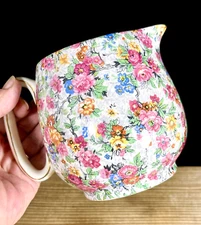 Vintage Lord Nelson Pottery Porcelain Pitcher Milk Jug Chintz Cabbage Roses Gold