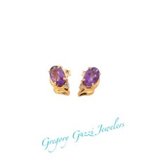 14KT. Yellow Gold Amethyst With Diamond Stud Earrings