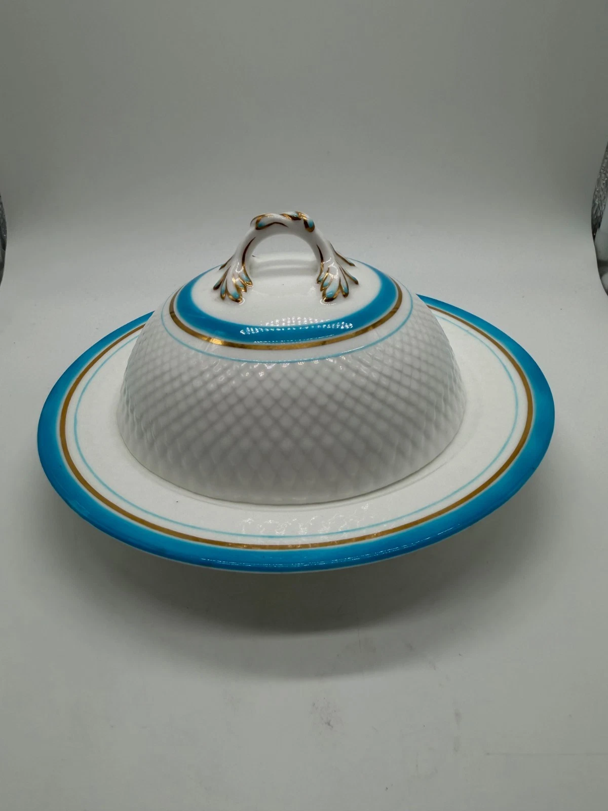 Antique Minton Porcelain Butter Dish Light Blue Gold & White