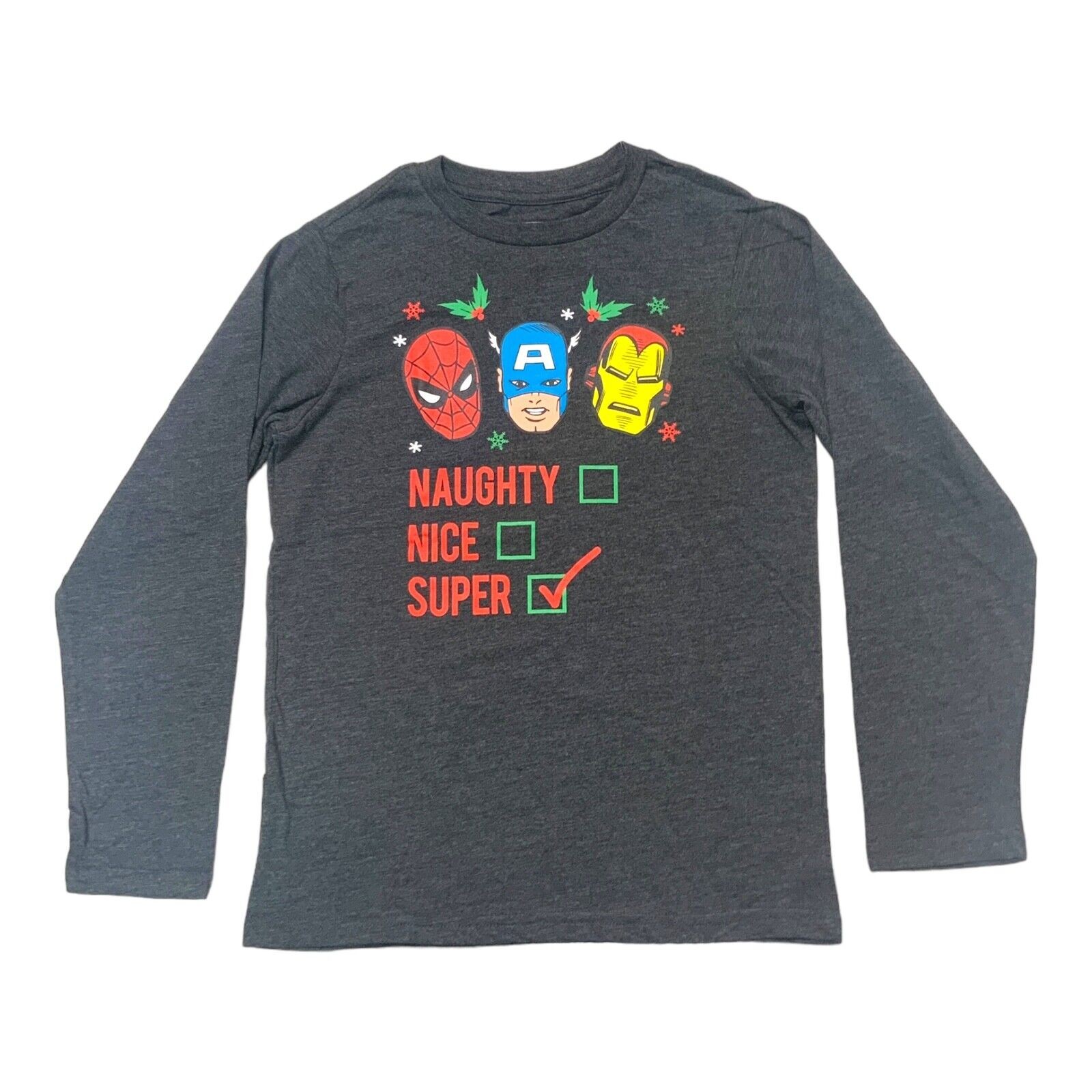 Marvel Boy's Holiday Naughty Nice Super List Long Sleeve Gray T-Shirt, Small