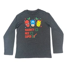 Marvel Boy's Holiday Naughty Nice Super List Long Sleeve Gray T-Shirt, Small