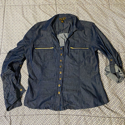 TAXI Womens Blue Denim Collared Long Sleeve Button-Up Zipper Pockets, M