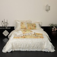 Bedding Set 4pcs Silk Cotton Lace Print Duvet Cover Flat Sheet Set 2 Pillowcases