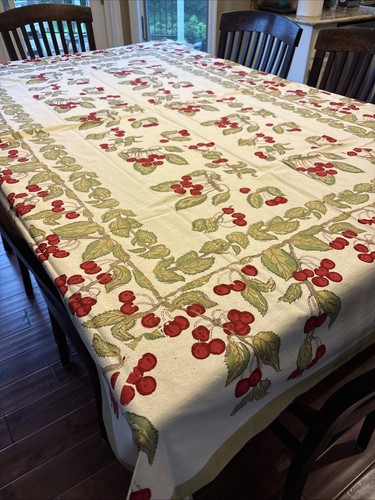 Couleur Nature French Tablecloth Red Cherries Cream with Green Border 59" x 86" - Picture 8 of 13