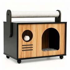 Wooden Cat Cave House with Sisal Scratching Post  Cushion for Small Medium Cats