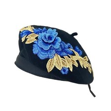 Women Classic French Beret Lady Vintage Rose Embroidery Floral Wool Winter Hat