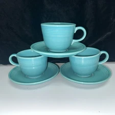 SET OF 3-Fiesta Fiestaware Coffee Tea Cup w/ Saucer Homer Laughlin TURQUOISE