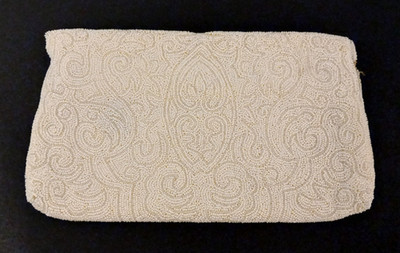 Vintage Neiman Marcus White Glass Beaded Clutch w/Satin Lining Made in Belgium