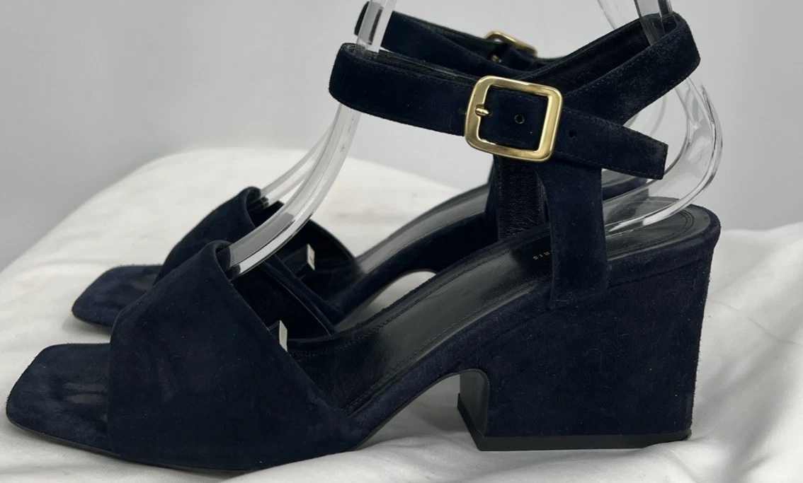 Sandali donna Celine blu navy scamosciati plateau tacco a blocco cinturino alla caviglia taglia 37