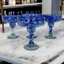 Hand Blown Mexican Margarita Glasses Blue Confetti Seed Bubbles Artisan Set of 4