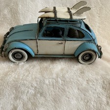 Vintage Metal VW BEETLE model With Surfboards Blue/white Coastal Tin Car Decor