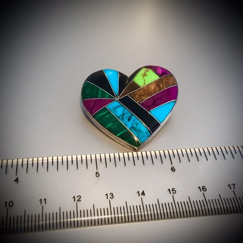 PRECIOSO COLGANTE/BROCHE CORAZÓN PLATA ESTERLINA MULTI PIEDRA MÉXICO VINTAGE - Imagen 6 de 7