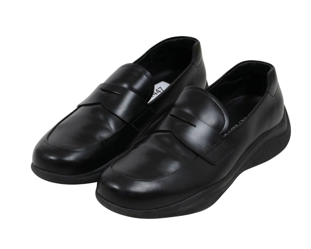 Prada Mens Spazzolato Rois Penny Loafers Size UK8 US9 Black Leather Rubber  Sole