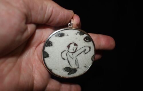 Antique Ching Period Porcelain Shard Sterling Silver Pendant - Picture 1 of 15