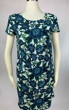 Ann Taylor Loft Blue Green Floral Shift Dress Linen Blend 4 Excellent
